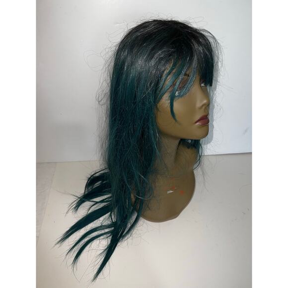Long Ombre Straight Free Parting Synthetic Wig Two Tone Mix teal Green black NWT - Picture 12 of 12